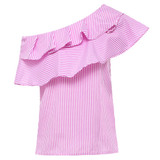 Fashion Striped Print One Shoulder Women Blouse Slash Neck Pink Tops Ruffled Vintage Ladies Blue blusas mujer de moda 2017
