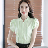 Fashion Stand collar women shirt OL office puff short sleeve chiffon blouses OL ladies formal work wear summer clothes slim tops