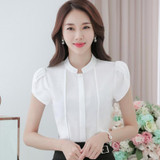 Fashion Stand collar women shirt OL office puff short sleeve chiffon blouses OL ladies formal work wear summer clothes slim tops