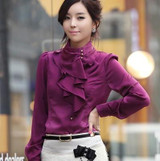 Fashion stand collar long sleeve female shirt OL office Formal elegant ruffles chiffon women's blouse plus size bow tops #580