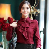 Fashion stand collar long sleeve female shirt OL office Formal elegant ruffles chiffon women's blouse plus size bow tops #580