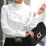 Fashion stand collar long sleeve female shirt OL office Formal elegant ruffles chiffon women's blouse plus size bow tops #580