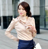 Fashion stand collar long sleeve female shirt OL office Formal elegant ruffles chiffon women's blouse plus size bow tops #580