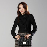 Fashion stand collar long sleeve female shirt OL office Formal elegant ruffles chiffon women's blouse plus size bow tops #580