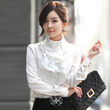 Fashion stand collar long sleeve female shirt OL office Formal elegant ruffles chiffon women's blouse plus size bow tops #580