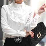 Fashion stand collar long sleeve female shirt OL office Formal elegant ruffles chiffon women's blouse plus size bow tops #580