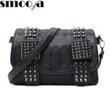 SMOOZA Skull Rivets Women Black Leather Messenger Bags Fashion Vintage Messenger Cool Shoulder Bags sac a main bolsa