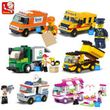 SLUBAN Building Blocks City House Snack Car TV Express Police Truck school bus Brick girls Toy