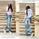 Free Shipping Two-color spring Autumn plus size casual jeans women's straight water wash denim pants girls fashion trousers