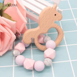 Food Grade Silicone Baby Teether Ring Toys, Smooth Beech Wood Unicorn Teether, Silicone Teething Toy Baby Chewable Nursing Gifts