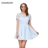 FOGIMOYA Dress Women Summer 2017 Fashion Lace Embroidery Patchwork Hollow Out Dresses Women's O Neck Mini Bodycon Lace Dress