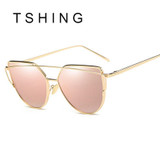 TSHING Women Fashion Twin-Beams Rose Gold Cat Eye Sunglasses Ladies Clear Mirror Cateye Sun Glasses For Female Optical Frame