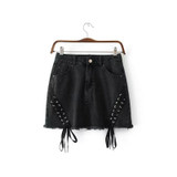 Try Everything Tassel Lace Up Skirt High Waist Punk Jean Skirt Black Sexy A-Line Above Knee Mini Denim Pencil Skirt Female 2017