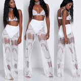 Trousers Women Ladies Vintage Loose High Waist Long Trousers Hollow Out Casual See Throuth Palazzo Pants Wide Leg Pants