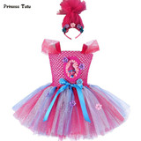 Troll Poppy Tutu Dress Baby Girl Tulle Princess Dress Kids Halloween Cosplay Costume Girl Festival Birthday Party Cartoon Dress