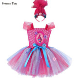 Troll Poppy Tutu Dress Baby Girl Tulle Princess Dress Kids Halloween Cosplay Costume Girl Festival Birthday Party Cartoon Dress