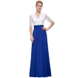 Floor Length Maxi Dress Sexy V-Neck Black White Lace Women Long Dress Half Sleeve Summer Dress Splicing High Split Party Dresses