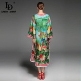 High Quality 2017 Summer Designer Runway Dress Women's Long Sleeve Split Parrot Floral Printed Casual Loose Mid-Calf Dress