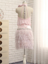 High Neck Pink Chiffon Ostrich Feather Cocktail Dress Knee Length Vestido De Festa Curto De Luxo Beading Sheath Dress Cocktail