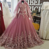 High Neck Long Sleeve Muslim Evening Dresses Ball Gown Long Lace Prom Dresses 2017 Saudi Arabia Women Formal Party Gown
