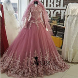 High Neck Long Sleeve Muslim Evening Dresses Ball Gown Long Lace Prom Dresses 2017 Saudi Arabia Women Formal Party Gown