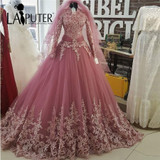 High Neck Long Sleeve Muslim Evening Dresses Ball Gown Long Lace Prom Dresses 2017 Saudi Arabia Women Formal Party Gown