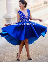 High Low Royal Blue Deep V Neck Cocktail Dresses Elegant Short Cocktail Dress Lace Sexy Backless Party Gowns Women Summer Dress