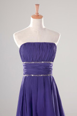 High Low Cocktail Dress Purple 2017 Strapless Beaded Party Dress Short Front Long Back Gowns
