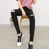 High Elastic Imitate Jeans Women Knee Skinny Pencil Pants Slim Ripped Jeans For Women Black Ripped Jeans High Elastic Imitate Jeans Women Knee Skinny Pencil Pants Slim Ripped Jeans For Women Black Ripped Jeans