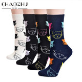 CHAOZHU Brand Socks For Women High Socks Cartoon Cat Pattern Lovely Cotton Knitted Happy Socks