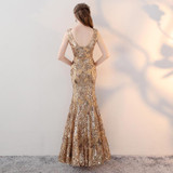 Champagne V-neck Beading Sequin Lace Vestidos De Festa Longo Backless Side Split Mermaid Formal Evening Dresses Prom Party Gowns
