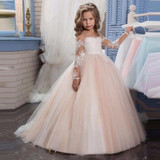 Champagne Puffy Lace Flower Girl Dress for Weddings Tulle Ball Gown Long Sleeve Girl Party Communion Dress Pageant Gown 2017