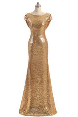 Champagne Long vestido longo Sequined Short Sleeve Floor Length Bridesmaid Dress 2016 Prom Dress Wedding Party Dress
