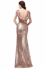 Champagne Long vestido longo Sequined Short Sleeve Floor Length Bridesmaid Dress 2016 Prom Dress Wedding Party Dress