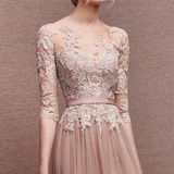 Champagne Lace Long Prom Dresses 2018 Scoop Three Quarter Sleeves Floor-Length prom dresses long vestido longo short prom dress