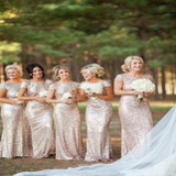 Champagne gold Long Bridesmaid Dresses Sequined Short Sleeve Floor Length Bridesmaid Dress 2015 Prom Gown Wedding Party Dress