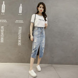NYFS 2018 New Spring Summer Autumn fashion women long denim skirt Vintage maxi skirts hole jeans pencil skirts