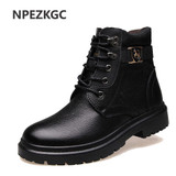 NPEZKGC Big Size Men Leather Boots Winter Warm Men Motorcycle Boots Men Ankle Boots Glitter Genuine Leather