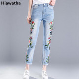Hiawatha 2017 New Spring Summer Jeans Women Fashion Flower Embroidery High Waist Denim Pants Fashion Ankle-Length Pants JST006