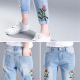 Hiawatha 2017 New Spring Summer Jeans Women Fashion Flower Embroidery High Waist Denim Pants Fashion Ankle-Length Pants JST006