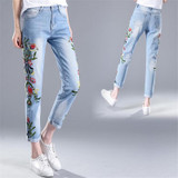 Hiawatha 2017 New Spring Summer Jeans Women Fashion Flower Embroidery High Waist Denim Pants Fashion Ankle-Length Pants JST006