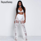 Heyouthoney Women White Black Lace See Through Wide Leg Pants 2017 Sexy Summer High Waist Loose Party Nightclub Ladies Trousers