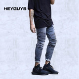 HEYGUYS 2017 Mens  jeans men  high street slim elastic jeans denim Biker jeans hiphop pants Washed black jeans  men blue