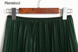 hermicci High Waist Bling Satin Look Pleated Skirt 2017 Summer Elastic Waist Midi Long Women Fashion Skirt Black Green Skirt