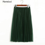 hermicci High Waist Bling Satin Look Pleated Skirt 2017 Summer Elastic Waist Midi Long Women Fashion Skirt Black Green Skirt