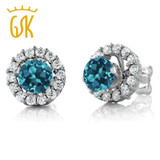 GemStoneKing 1.49 Ct Round Natural London Blue Topaz Women's Earrings Solid 925 Sterling Silver Stud Earrings with Jackets