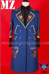 GD Bigbang men singers long sytle Embroidery eagle costumes DJ DS Stage wear men suit collar trench coat men's slim wear !
