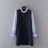 GCAROL Women New Striped Sleeve Spliced Dress Standard Collar Fake Two Pieces Dress Vintage Retro Spring Autumn Winter Dress