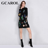 GCAROL New Autumn Winter Floral Printed Dress Stand Collar Full Sleeve Fashion Vintage Female Dress