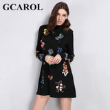 GCAROL New Autumn Winter Floral Printed Dress Stand Collar Full Sleeve Fashion Vintage Female Dress